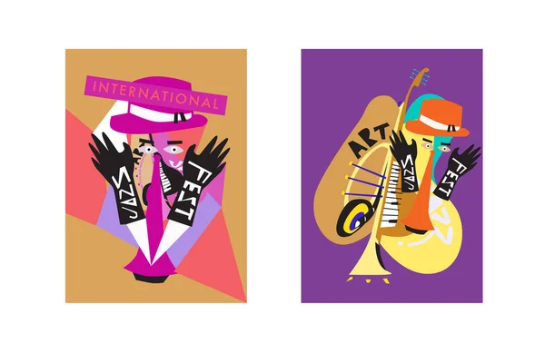 Festival International Jazz Coloré Musiciens Chanteurs Instruments Musique Poster Set — Image vectorielle