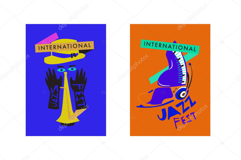 Colorful international jazz festival. Musicians, singers and musical instruments poster set flat vector illustration. Poster template for jazz and music events.