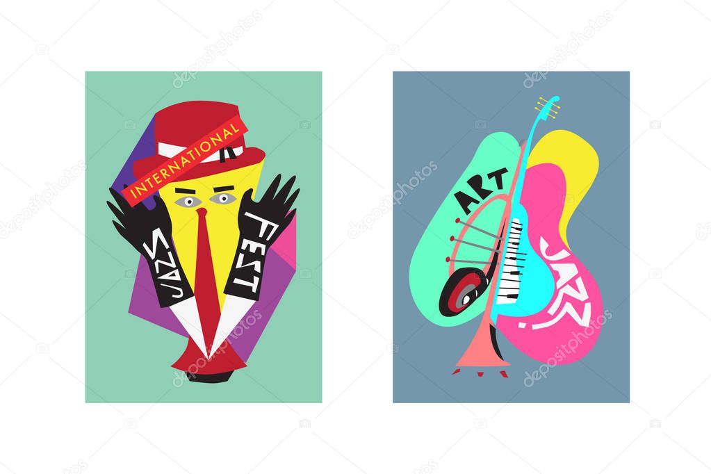 Colorful international jazz festival. Musicians, singers and musical instruments poster set flat vector illustration. Poster template for jazz and music events.