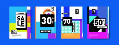 Satış ve indirim poster seti. Banner ve reklam tanıtımı için renkli arka plan.