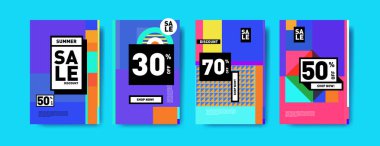 Satış ve indirim poster seti. Banner ve reklam tanıtımı için renkli arka plan.