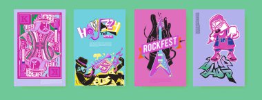 Vektör müzik olay poster tasarım şablonunu ayarlayın. Rock, caz, blues ve hip hop poster tasarımı.