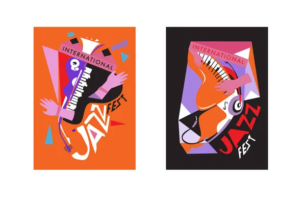 Kleurrijke Internationale Jazz Festival Muzikanten Zangers Muziekinstrumenten Poster Instellen Platte — Stockvector