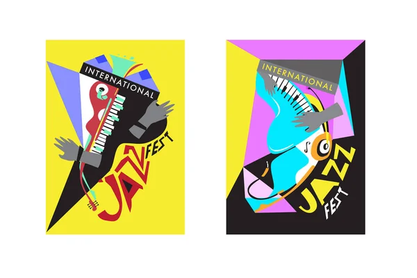 Colorato Festival Internazionale Jazz Musicisti Cantanti Strumenti Musicali Poster Set — Vettoriale Stock