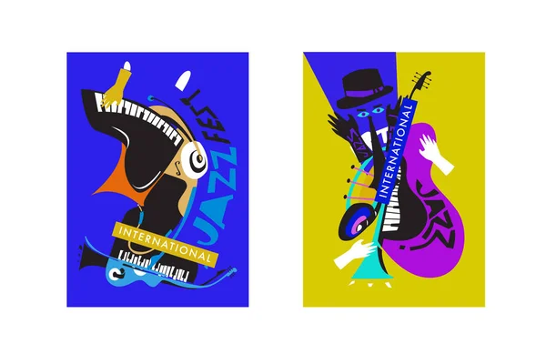 Festival International Jazz Coloré Musiciens Chanteurs Instruments Musique Poster Set — Image vectorielle