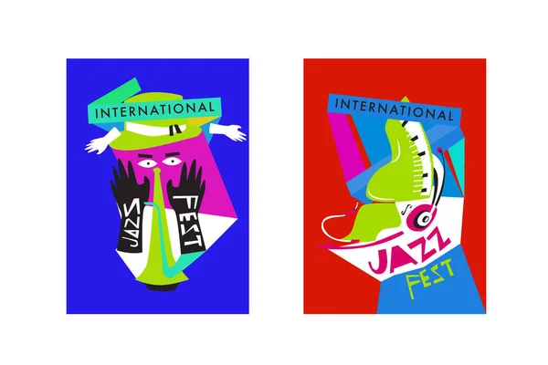 Kolorowy Międzynarodowy Festiwal Jazzowy Muzyków Śpiewaków Instrumenty Muzyczne Plakat Zestaw — Wektor stockowy