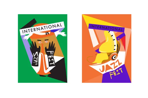 Kolorowy Międzynarodowy Festiwal Jazzowy Muzyków Śpiewaków Instrumenty Muzyczne Plakat Zestaw — Wektor stockowy