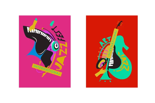 Färgglada Internationella Jazzfestival Musiker Sångare Och Musikinstrument Affisch Platta Vektorillustration — Stock vektor