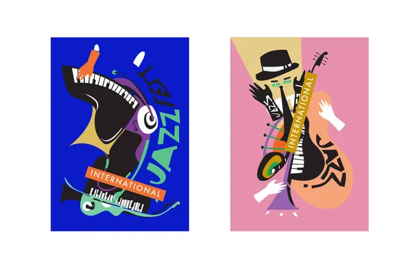 Buntes Internationales Jazzfestival Musiker Sänger Und Musikinstrumente Plakatieren Flache Vektorillustrationen — Stockvektor