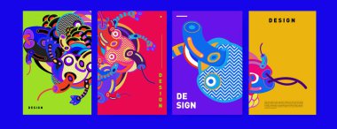 Soyut renkli kolaj poster tasarım şablonu. şekil ve sıvı kapak tasarımı doodle. Mavi, sarı, kırmızı, turuncu, pembe ve yeşil. Vektör afiş poster şablonu