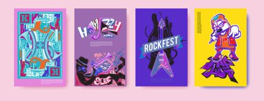 Vektör müzik olay poster tasarım şablonunu ayarlayın. Rock, caz, blues ve hip hop poster tasarımı.
