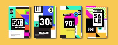 Satış ve indirim poster seti. Banner ve reklam tanıtımı için renkli arka plan.
