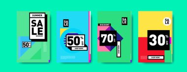 Satış ve indirim poster seti. Banner ve reklam tanıtımı için renkli arka plan.