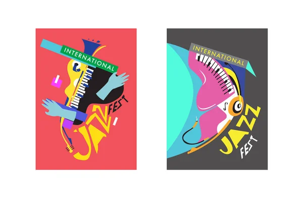 Festival International Jazz Coloré Musiciens Chanteurs Instruments Musique Poster Set — Image vectorielle