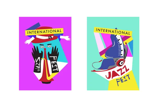 Kolorowy Międzynarodowy Festiwal Jazzowy Muzyków Śpiewaków Instrumenty Muzyczne Plakat Zestaw — Wektor stockowy