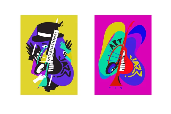 Festival International Jazz Coloré Musiciens Chanteurs Instruments Musique Poster Set — Image vectorielle