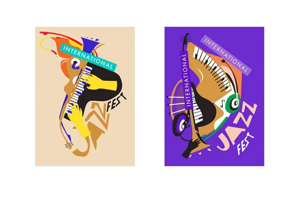 Красочный Международный Джазовый Фестиваль Музыканты Певцы Плакаты Музыкальными Инструментами Создают — стоковый вектор