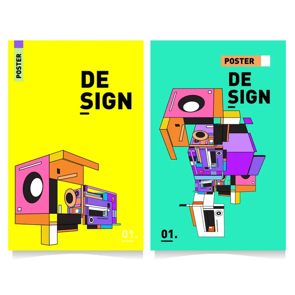 Vector Dekt Ontwerpset Met Retro Stijl Cool Geometrische Memphis Poster — Stockvector