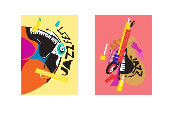 Festival International Jazz Coloré Musiciens Chanteurs Instruments Musique Poster Set — Image vectorielle