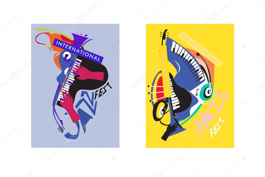 Colorful international jazz festival. Musicians, singers and musical instruments poster set flat vector illustration. Poster template for jazz and music events.