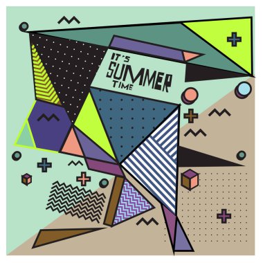 Vektör geometrik Memphis yaz koleksiyonu poster. Tasarım şablonu yaz için tatil sezonu.