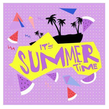 Yaz saati vektör banner tasarımı metin ve renkli tropikal plaj öğeleri için beyaz arka plan ile. Olay için vektör çizim şablonu.