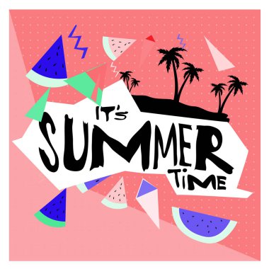 Yaz saati vektör banner tasarımı metin ve renkli tropikal plaj öğeleri için beyaz arka plan ile. Olay için vektör çizim şablonu.