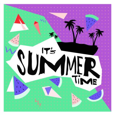 Yaz saati vektör banner tasarımı metin ve renkli tropikal plaj öğeleri için beyaz arka plan ile. Olay için vektör çizim şablonu.