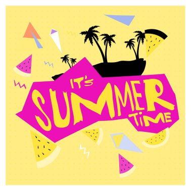 Yaz saati vektör banner tasarımı metin ve renkli tropikal plaj öğeleri için beyaz arka plan ile. Olay için vektör çizim şablonu.