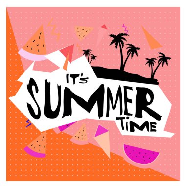 Yaz saati vektör banner tasarımı metin ve renkli tropikal plaj öğeleri için beyaz arka plan ile. Olay için vektör çizim şablonu.