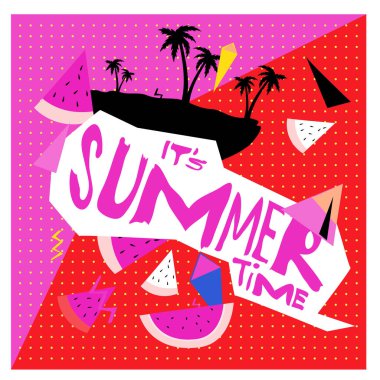 Yaz saati vektör banner tasarımı metin ve renkli tropikal plaj öğeleri için beyaz arka plan ile. Olay için vektör çizim şablonu.