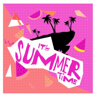 Yaz saati vektör banner tasarımı metin ve renkli tropikal plaj öğeleri için beyaz arka plan ile. Olay için vektör çizim şablonu.