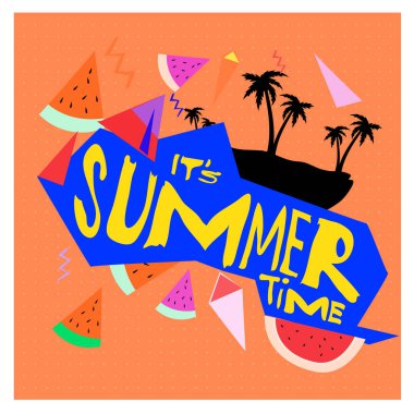 Yaz saati vektör banner tasarımı metin ve renkli tropikal plaj öğeleri için beyaz arka plan ile. Olay için vektör çizim şablonu.