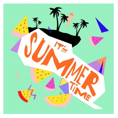 Yaz saati vektör banner tasarımı metin ve renkli tropikal plaj öğeleri için beyaz arka plan ile. Olay için vektör çizim şablonu.