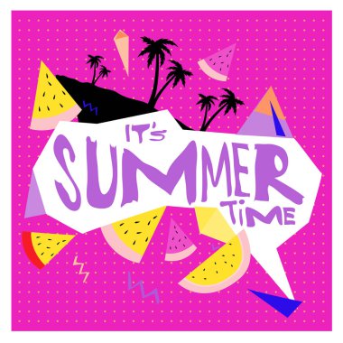 Yaz saati vektör banner tasarımı metin ve renkli tropikal plaj öğeleri için beyaz arka plan ile. Olay için vektör çizim şablonu.