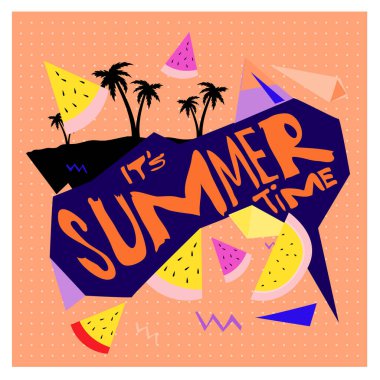 Yaz saati vektör banner tasarımı metin ve renkli tropikal plaj öğeleri için beyaz arka plan ile. Olay için vektör çizim şablonu.