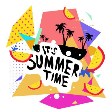 Yaz saati vektör banner tasarımı metin ve renkli tropikal plaj öğeleri için beyaz arka plan ile. Olay için vektör çizim şablonu.