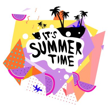 Yaz saati vektör banner tasarımı metin ve renkli tropikal plaj öğeleri için beyaz arka plan ile. Olay için vektör çizim şablonu.