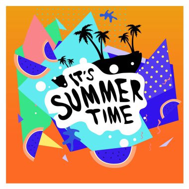 Yaz saati vektör banner tasarımı metin ve renkli tropikal plaj öğeleri için beyaz arka plan ile. Olay için vektör çizim şablonu.