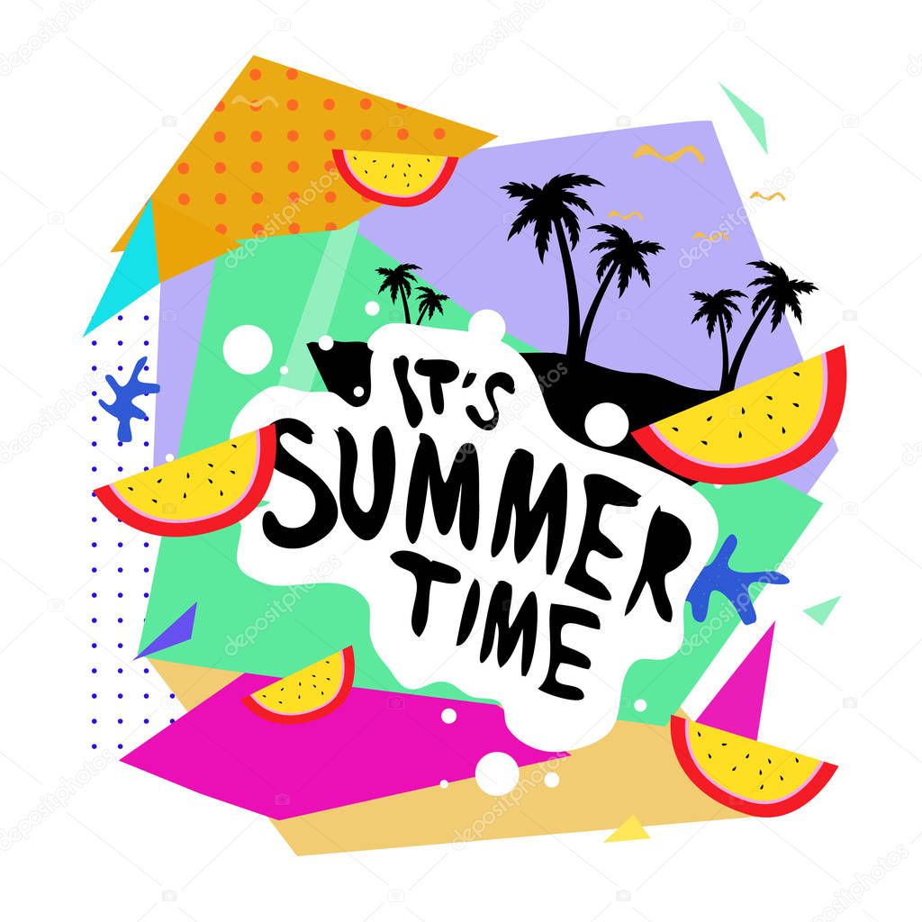 Summer time vector banner design with white abstract background for text and colorful tropical beach elements. Vector illustration template for event.