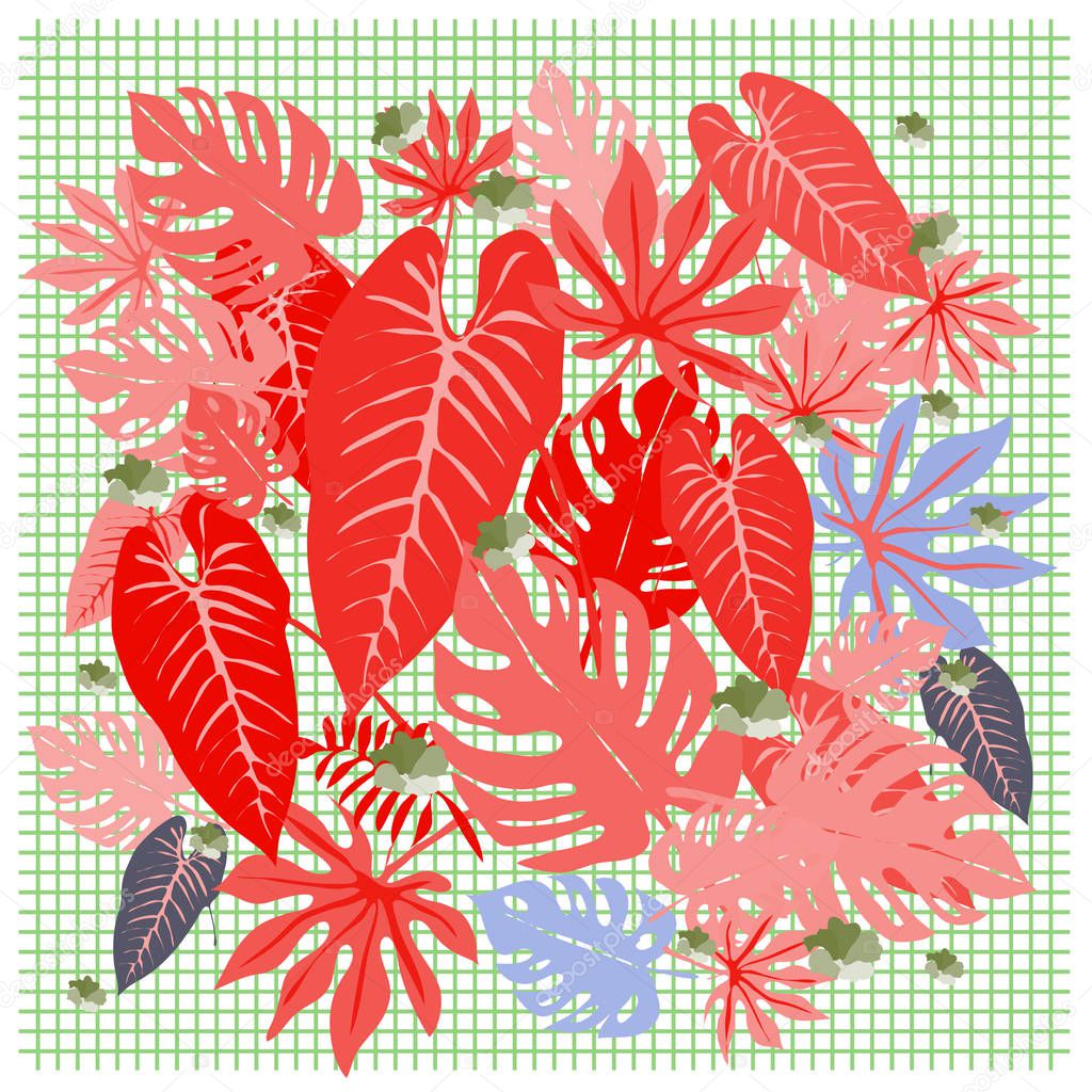 vector graphical tropical leaves bright pattern with vibrant texture in pop art style, modern summer background allover print. split leaves, philodendron, monstera leaves