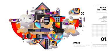 Müzik Festivali illüstrasyon tasarımı parti ve olay için. Vektör resim kolaj müzik arka plan ve eps 10 duvar kağıdı için