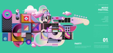 Müzik Festivali illüstrasyon tasarımı parti ve olay için. Vektör resim kolaj müzik arka plan ve eps 10 duvar kağıdı için