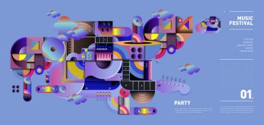 Müzik Festivali illüstrasyon tasarımı parti ve olay için. Vektör resim kolaj müzik arka plan ve eps 10 duvar kağıdı için
