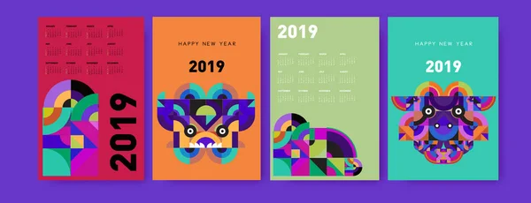 2019 Modello Disegno Del Calendario Con Sfondo Colorato Illustrazione Poligonale — Vettoriale Stock