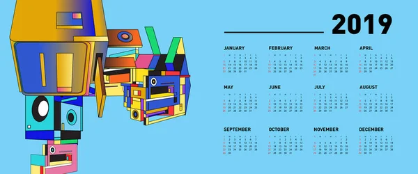 2019 Kalender Design Vorlage Mit Bunten Polygonalen Illustration Hintergrund — Stockvektor