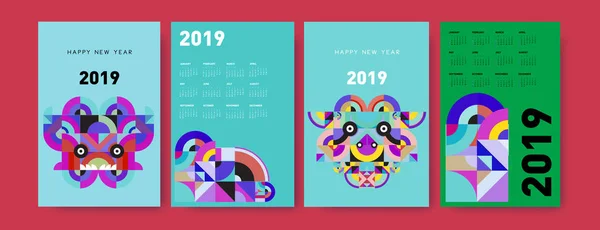 2019 Kalender Design Vorlage Mit Bunten Polygonalen Illustration Hintergrund — Stockvektor
