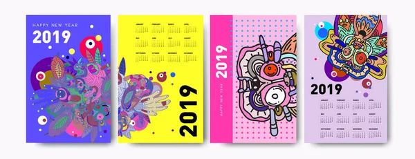 Шаблон Дизайна Календаря 2019 Года Ярким Многоугольным Фоном Иллюстрации — стоковый вектор