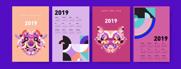 カラフルな多角形イラスト背景を持つ 2019年カレンダー デザイン テンプレート — ストックベクタ
