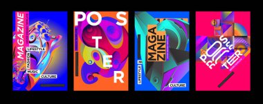 Kapak ve Poster tasarım şablonu dergisi için. Trendy vektör tipografi ve renkli resimde kolaj için kapak ve sayfa düzeni tasarım şablonu 